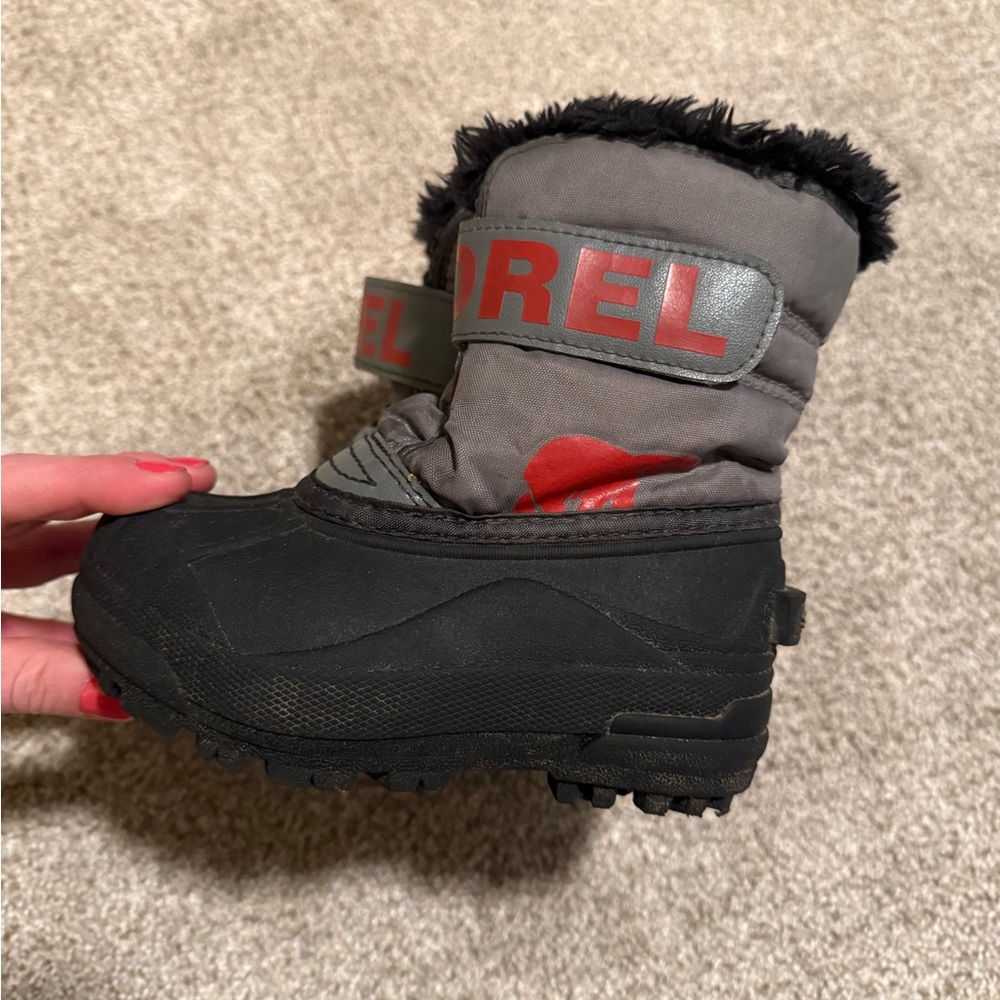 Sorel Black and Gray Kids' Boot with Red Accents